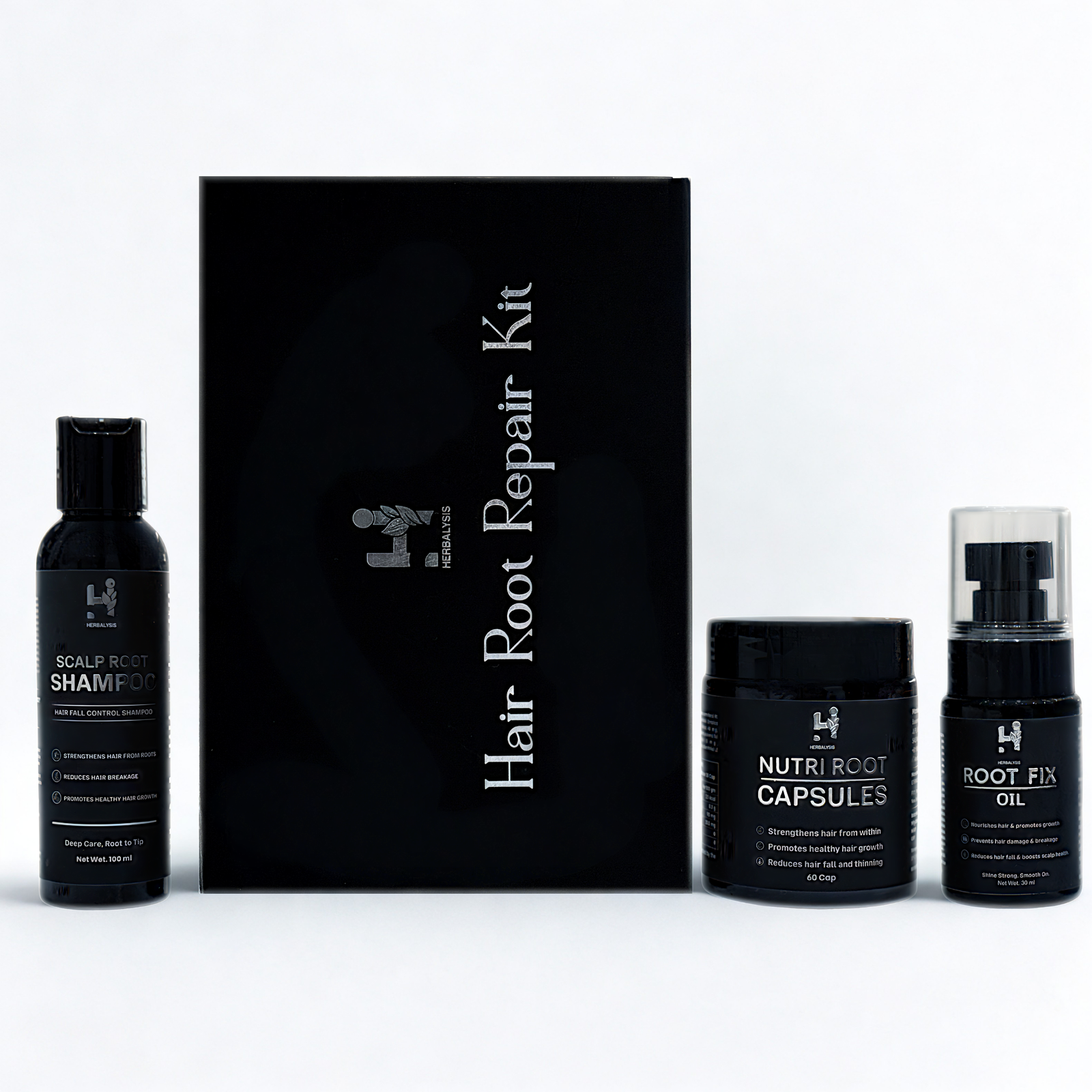 Hair Root Repair Kit (3-in-1 System) | Hair Fall Control Shampoo (100ml), Nutri Root Capsules (60ct) & Root Fix Oil (30ml) | Intensive Treatment for Hair Growth, Strength & Damage Repair