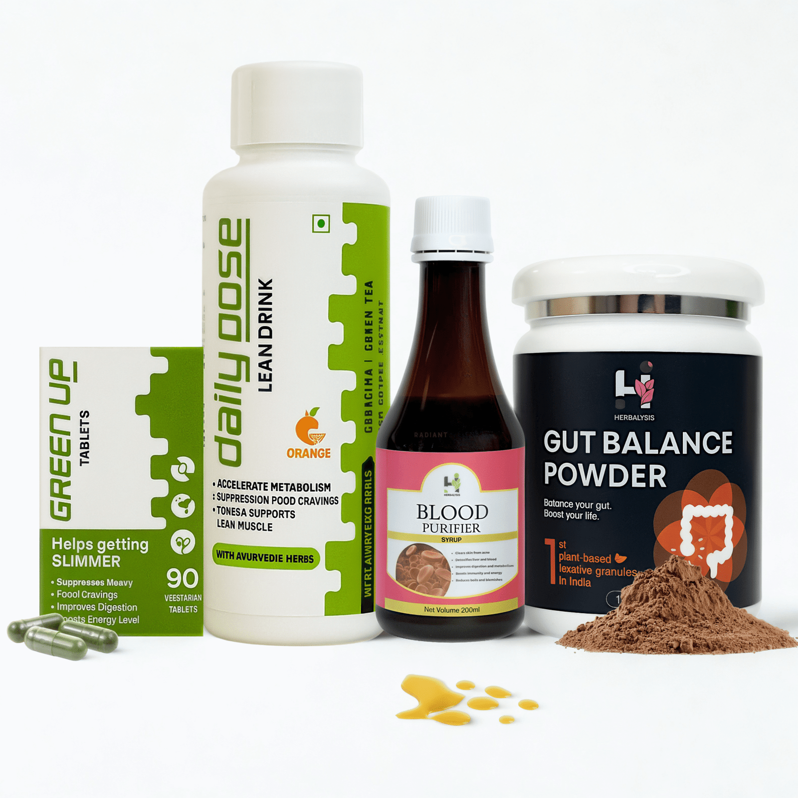 Herbalysis Wellness Combo | Daily Dose Lean Drink + Green Up Tablets + Blood Purifier Syrup + Gut Balance Powder | Complete Detox, Weight Management & Digestion Support | Ayurvedic Health Pack