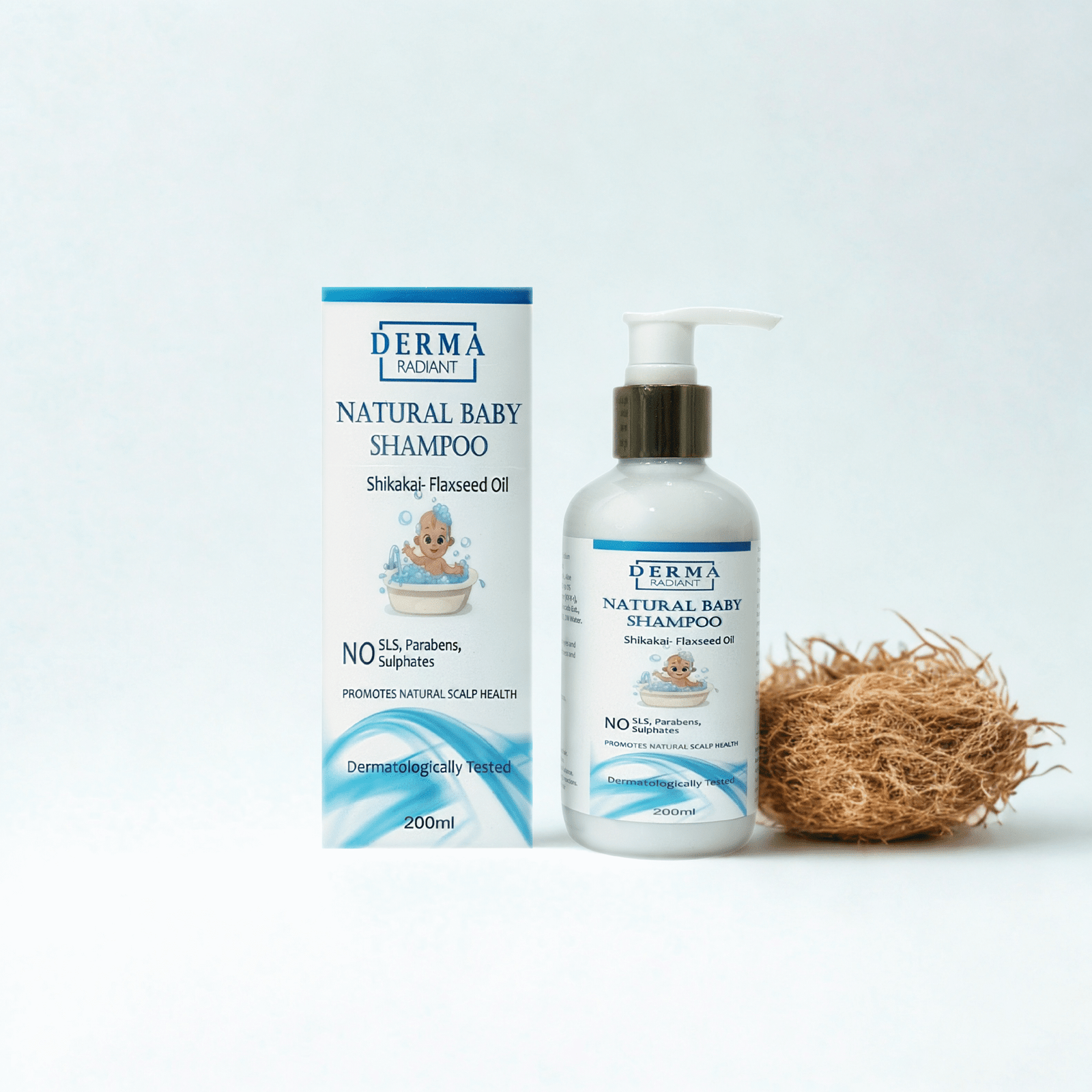 Derma Radiant Natural Baby Shampoo – Gentle Ayurvedic Shampoo with Shikakai & Flaxseed Oil for Soft, Healthy Hair | No SLS, Parabens, or Sulphates | Dermatologically Tested | 200ml