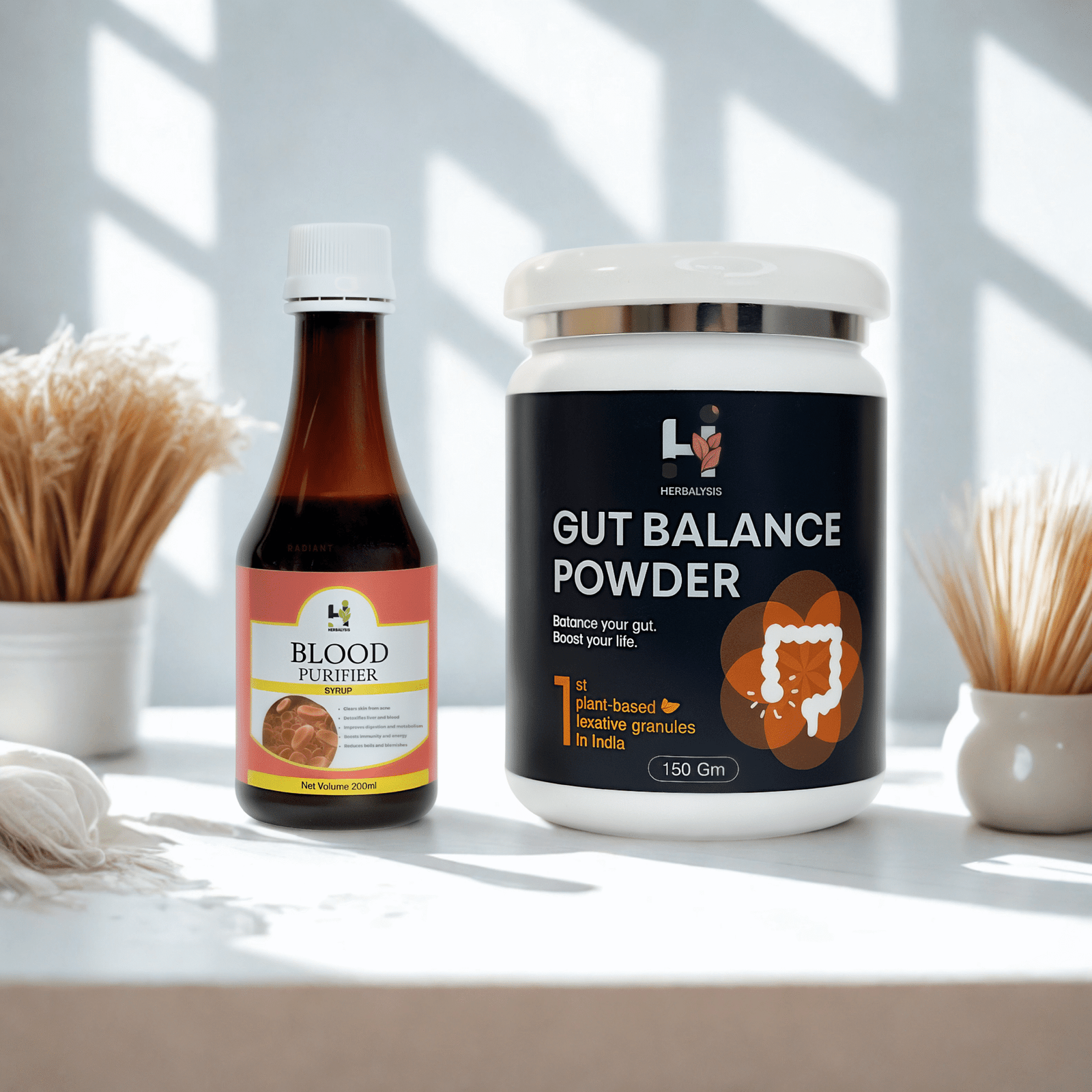 Herbalysis Gut & Blood Cleanse Combo | Gut Balance Powder (150g) + Blood Purifier Syrup (200ml) | Detox, Clear Skin, Better Digestion & Gut Health | 100% Ayurvedic & Plant-Based